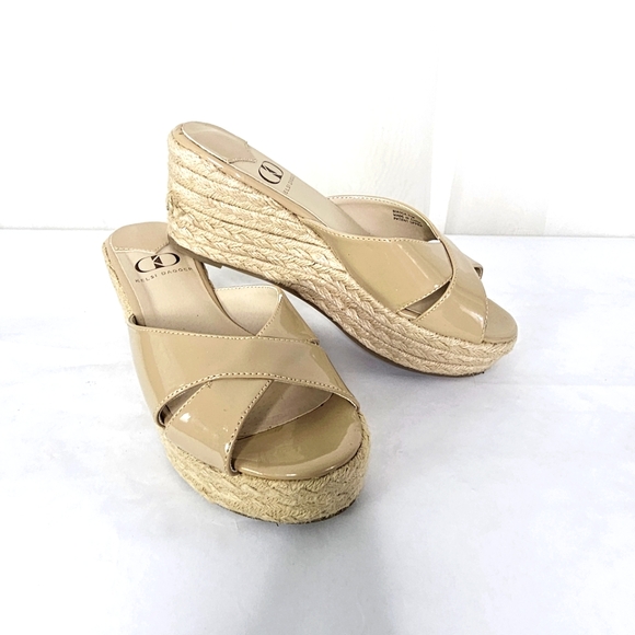 Kelsi Dagger Shoes - Kelsi Dagger Bianca Tan Beige Patent Criss Cross Wedge Espadrille Sandals 7.5